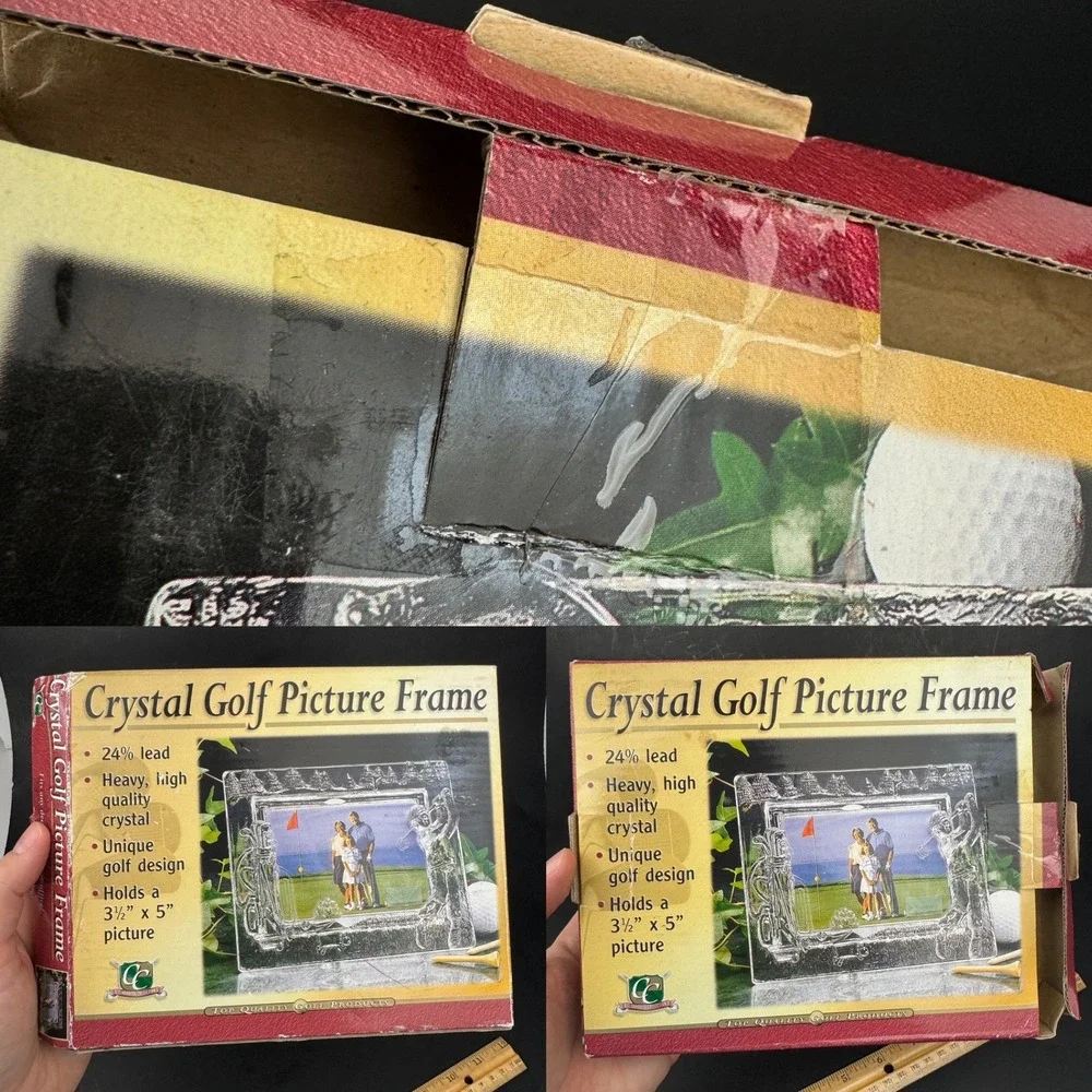Vtg Lead Crystal Golf Picture Frame Clear Glass Tabletop Horizontal 3D‎ Orig Box